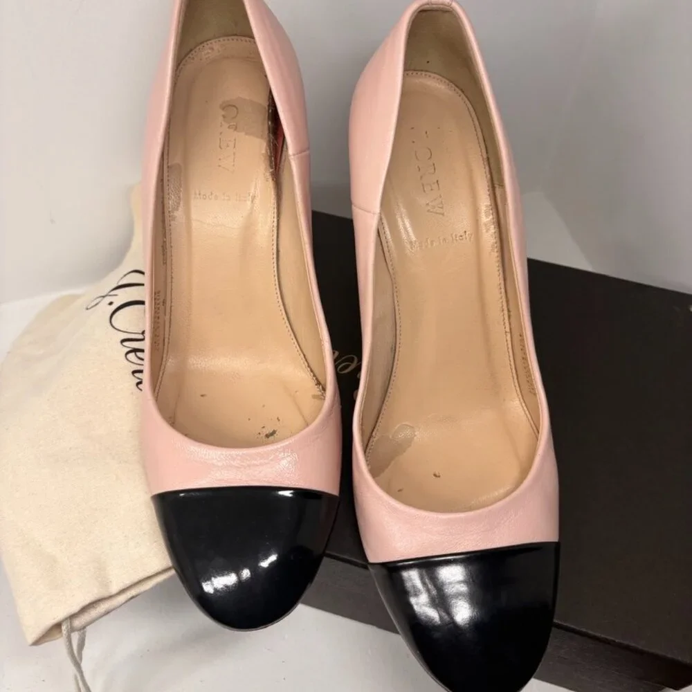 J. Crew Pink Leather Block‎ Heel Pumps with Black Cap Toe